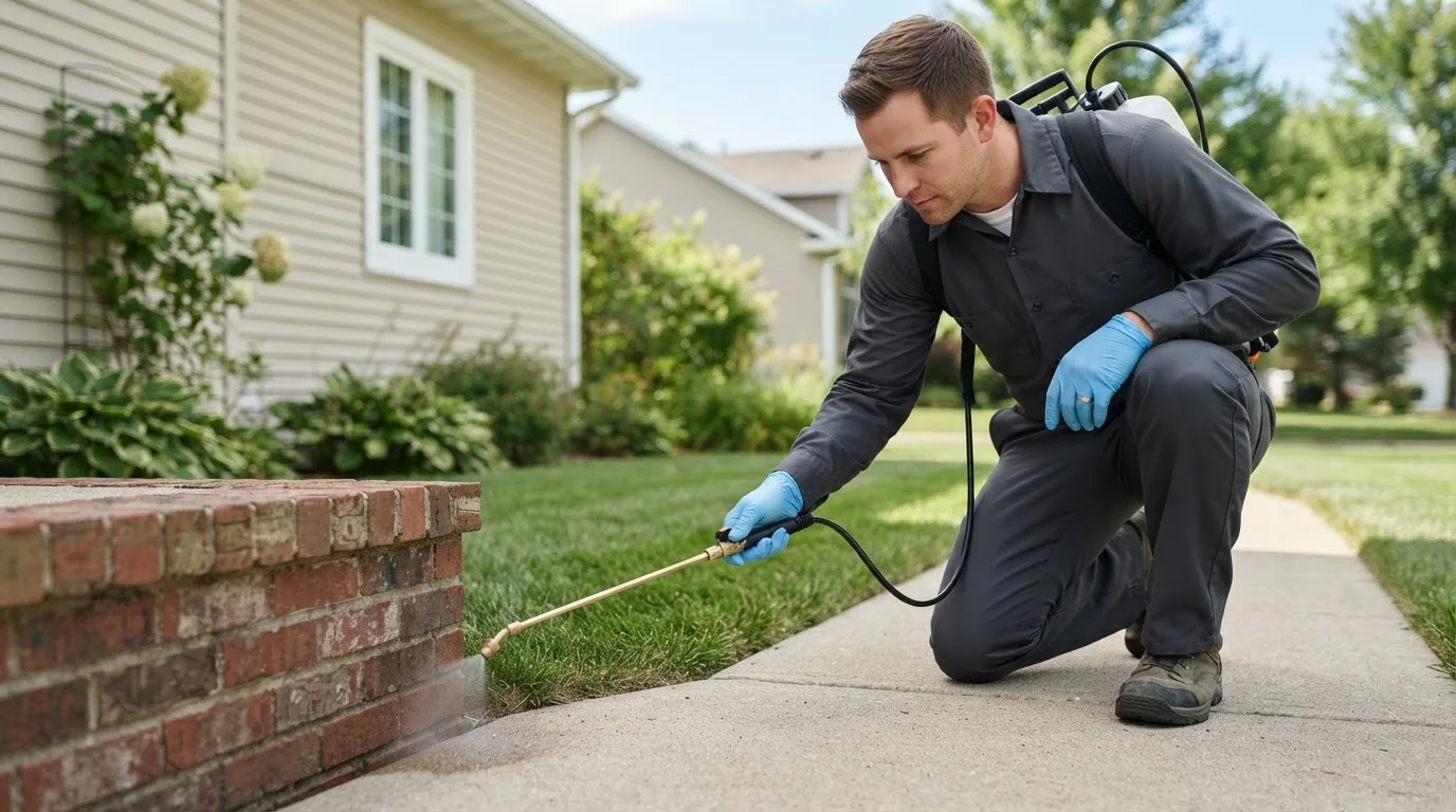 Pest control technician treating a home near Brookston, MN