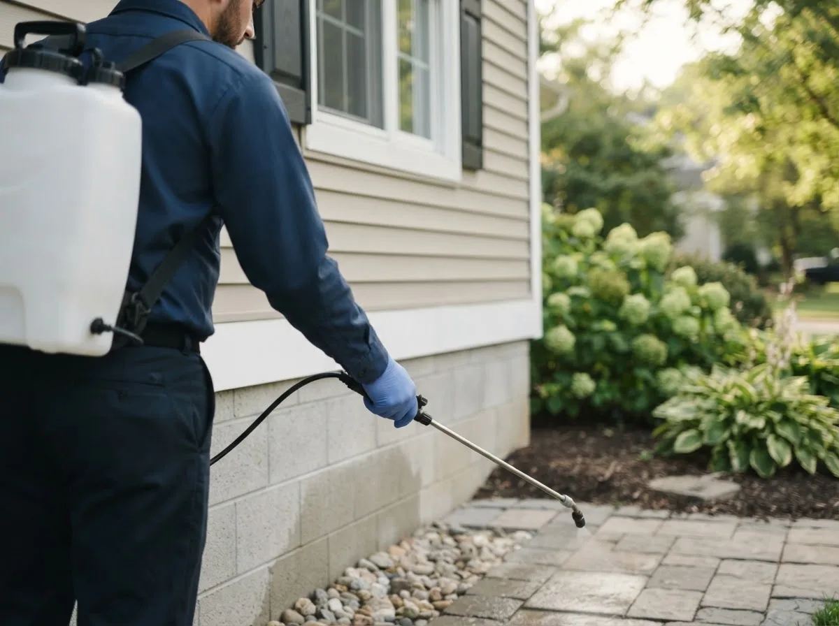 Pest control technician inspecting a home in Brookston, MN